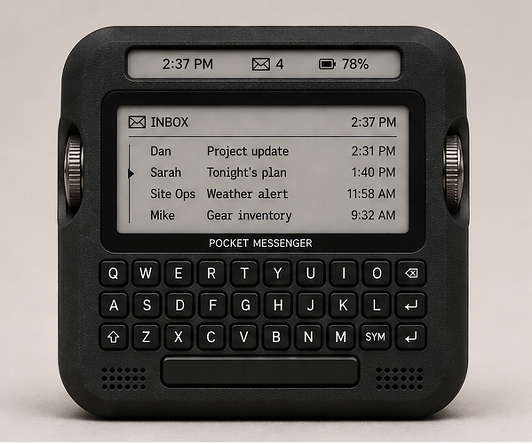 Front view of the Pocket Messenger: top-edge glance strip reading 2:37 PM, 4 messages, 78% battery, e-ink inbox list, knurled wheels on both sides, and a full QWERTY keyboard with space bar
