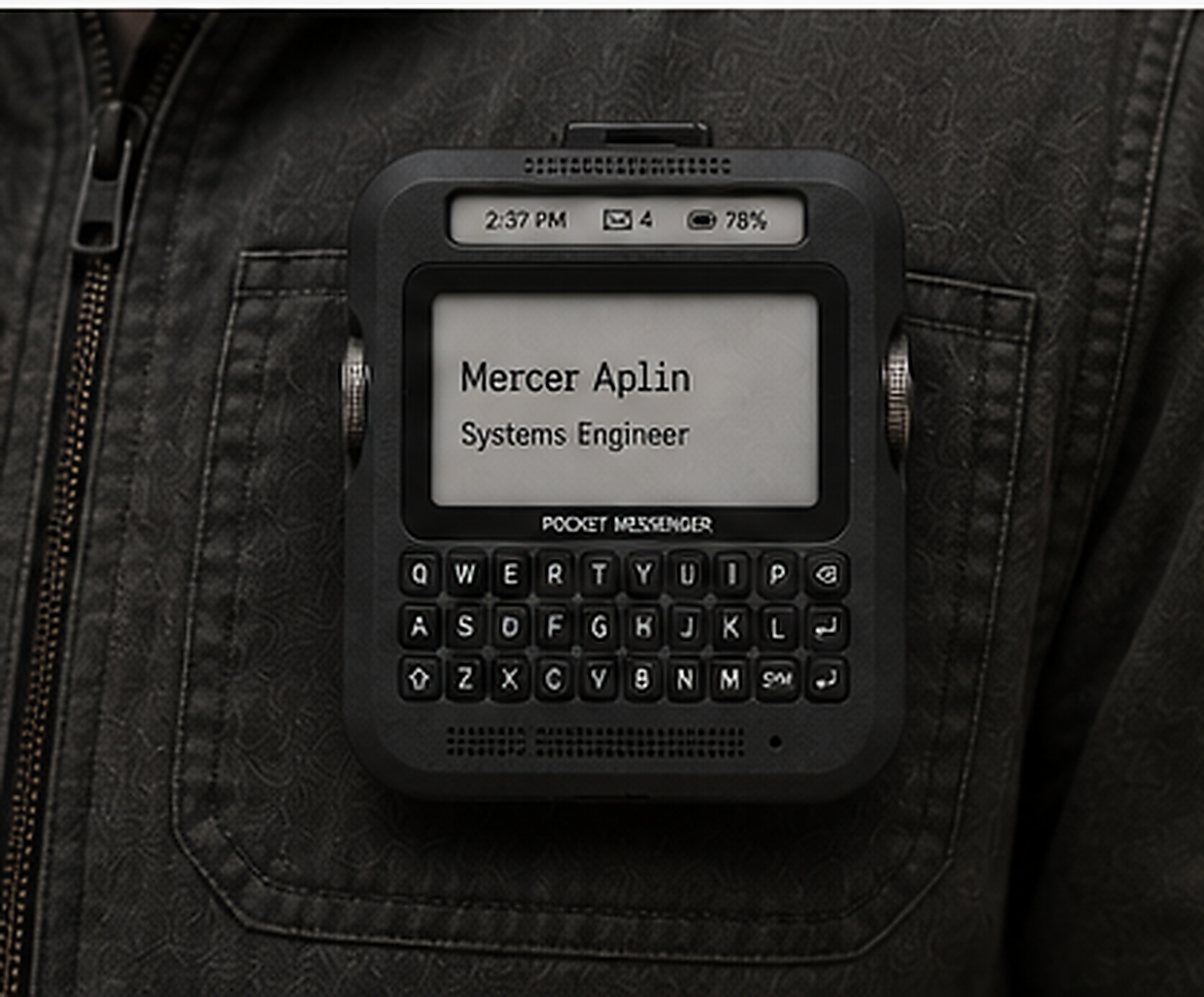 Pocket Messenger clipped to a black jacket chest pocket, glance strip showing time and battery and the e-ink screen displaying a name badge reading Mercer Aplin, Systems Engineer