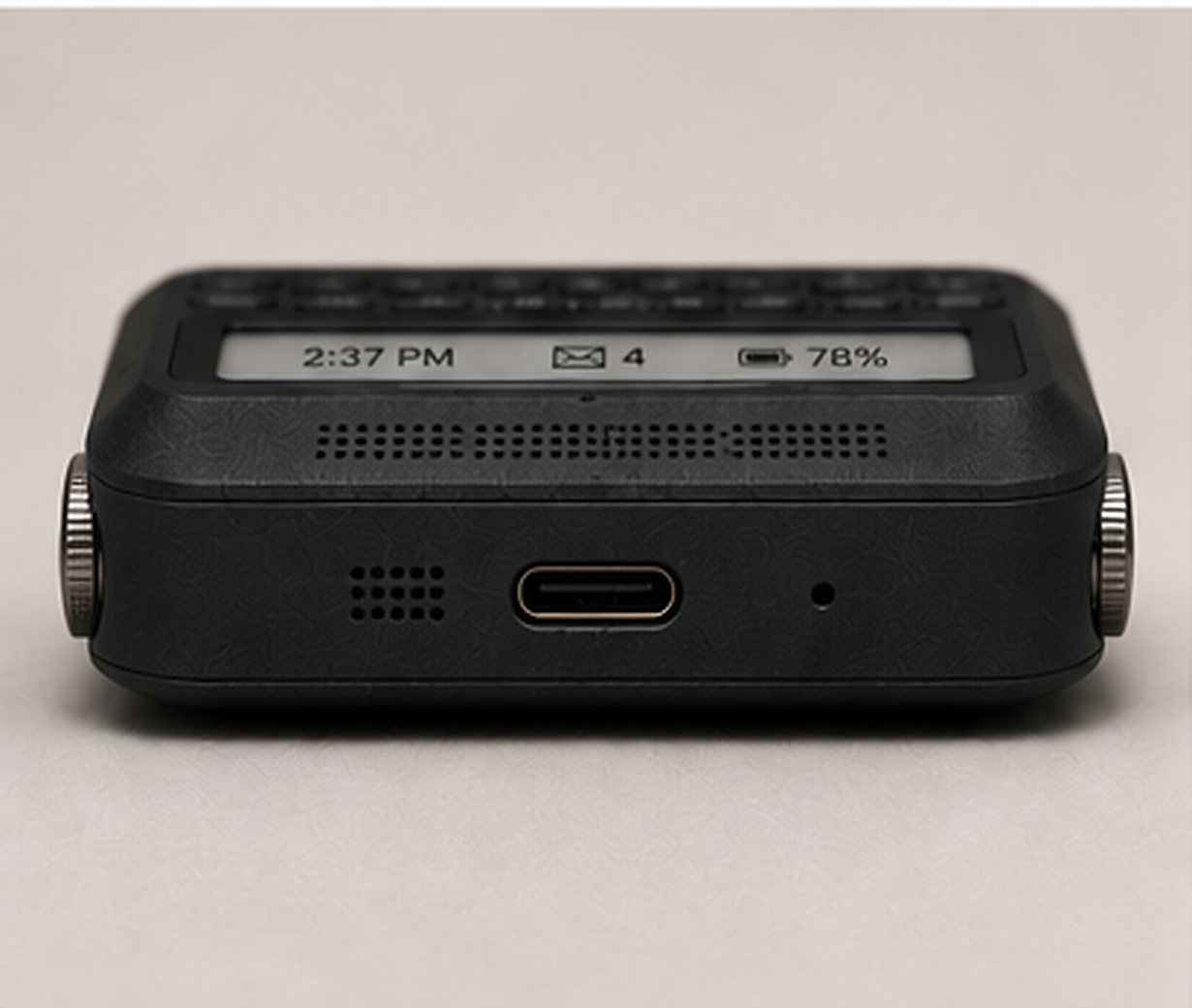 Bottom edge of the Pocket Messenger showing the USB-C port, microphone pinhole, speaker vents, and both side wheels