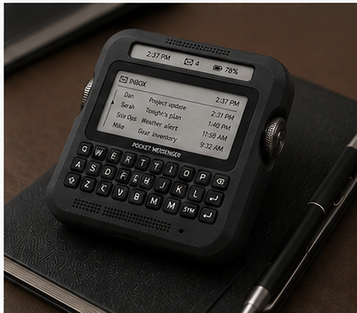 The Pocket Messenger resting at an angle on a black leather notebook beside a pen — 70 × 46 × 14 mm